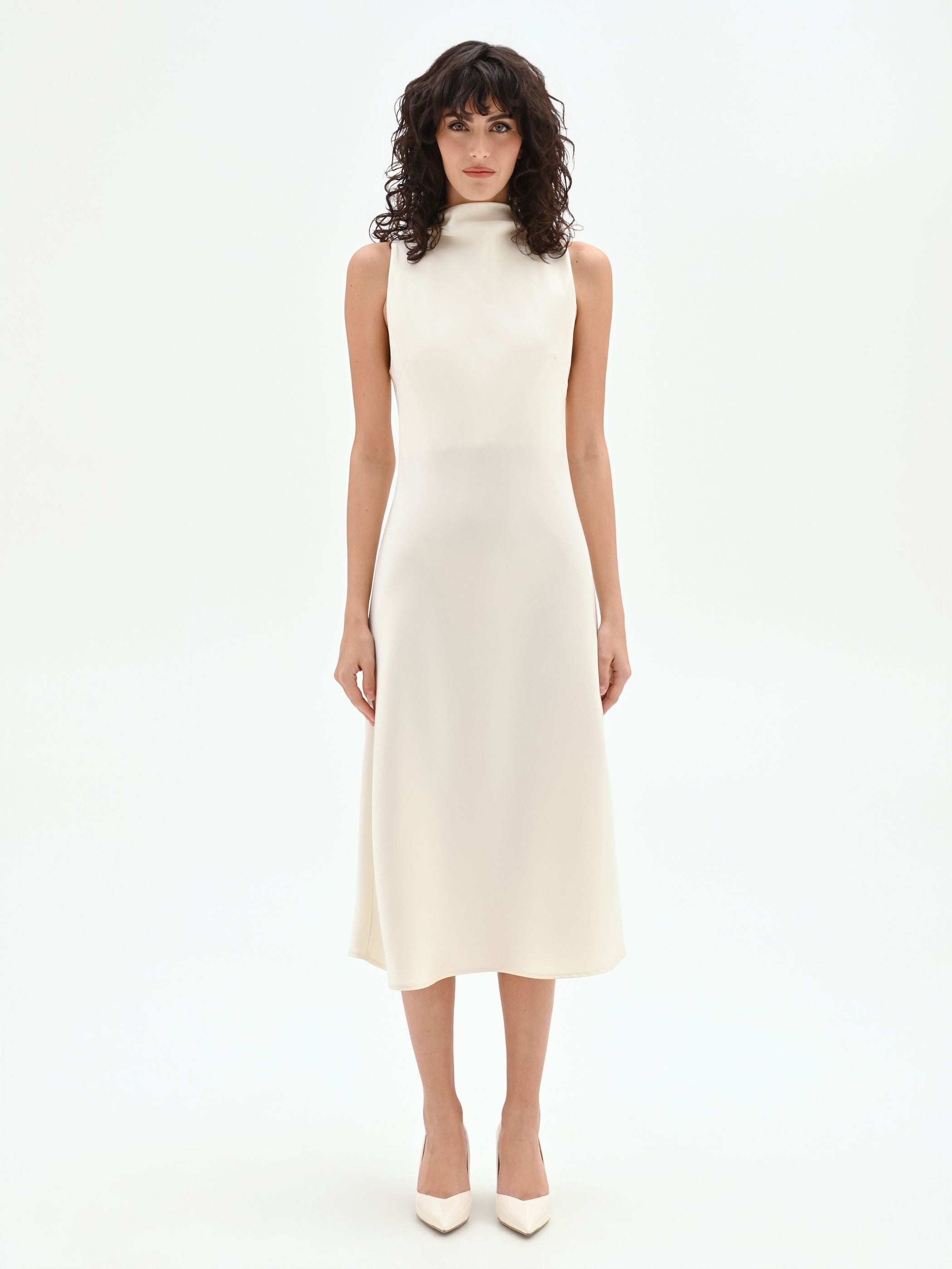 Cream white midi dress with a high neck – Rinascimento