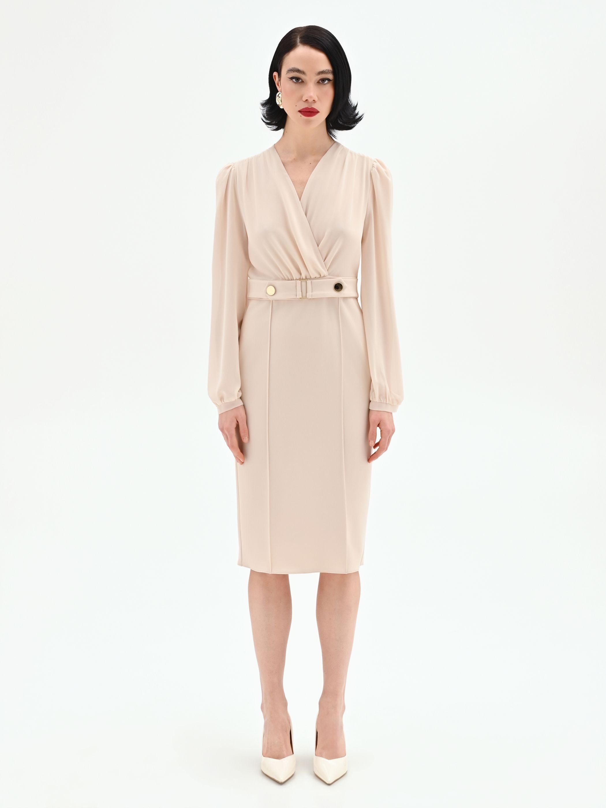 Light beige sheath dress with crossover bodice