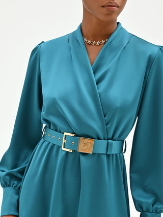 Teal Satin Midi Dress