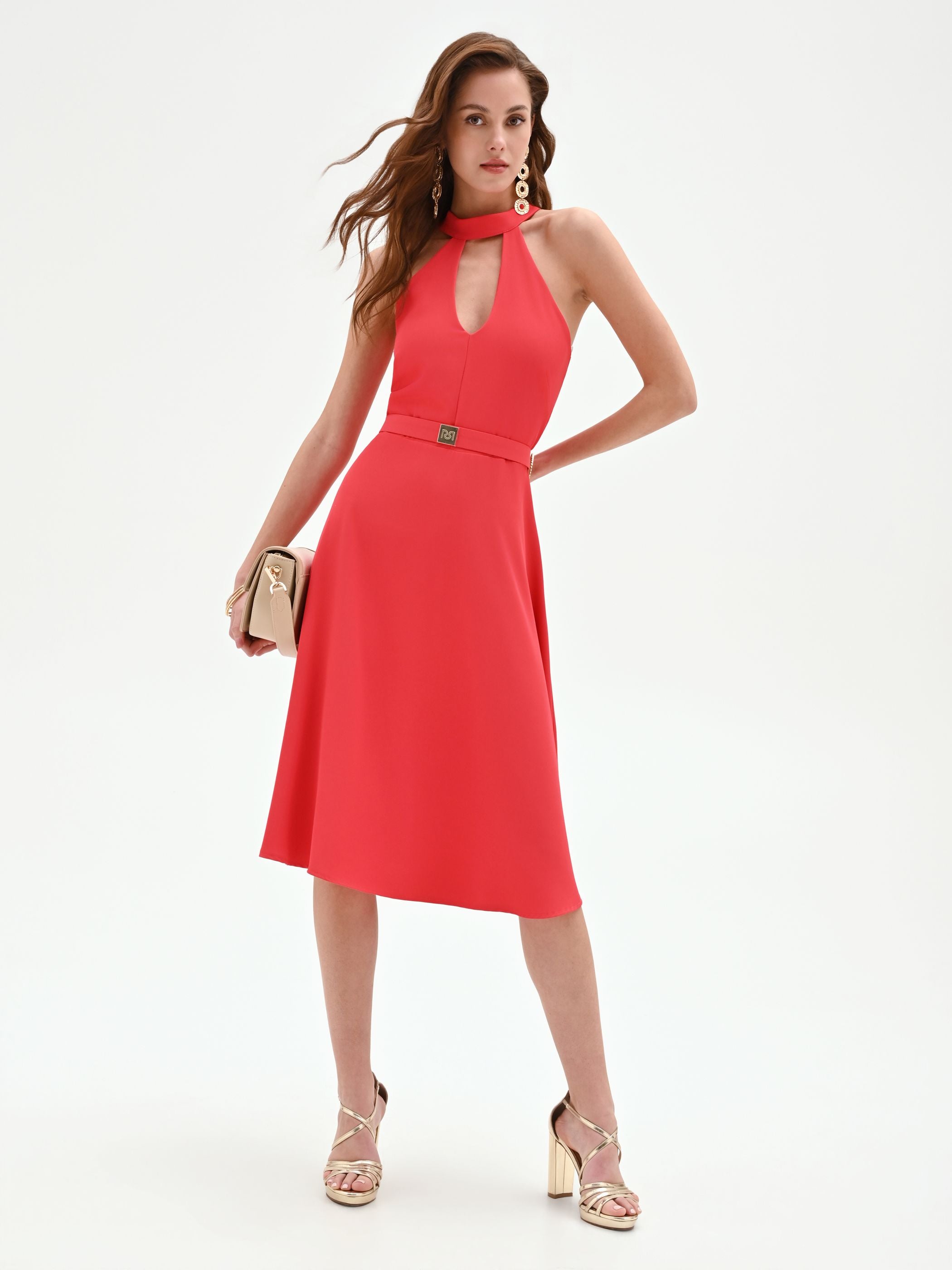 Abito Midi Saylor Donna Beige/Rosso Stampa Floreale Scollo A V Manica Corta Taglia S