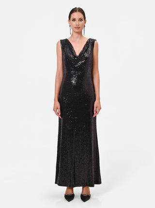 Abito lungo nero in paillettes con scollo a cappuccio