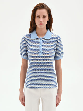 Striped Light Blue Knit Polo Shirt