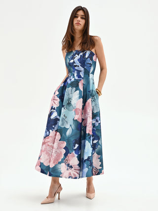 Teal Floral Print Midi Dress