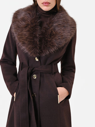 Brown coat with faux fur collar and belt