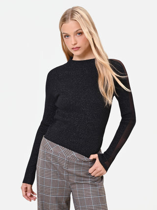 Black Viscose-Blend Ribbed Mock Neck Top