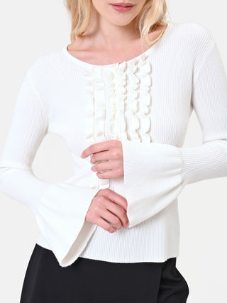 Cardigan in viscosa bianco panna con rouches