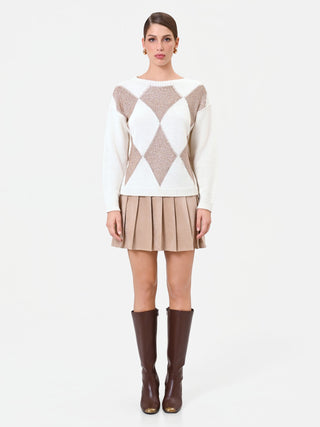 Cream White Diamond-Patterned Wool Sweater