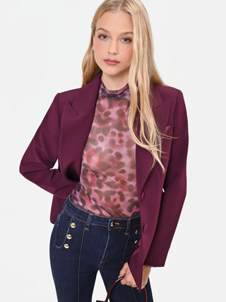 Fitted Burgundy Tulle Blouse with Animal Print