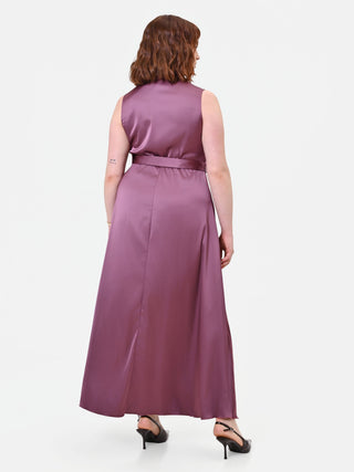 Curvy Antique Rose Long Satin Dress with Belt