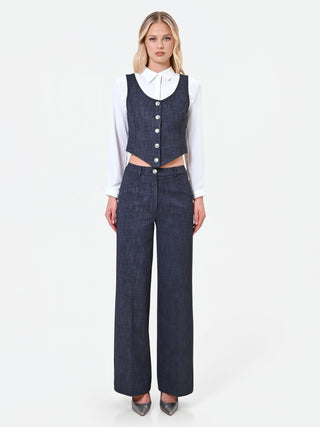 Pantalone blu navy a palazzo con risvolto