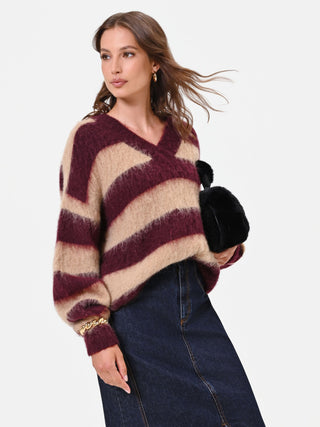 Striped Taupe Beige Mohair-Effect Sweater