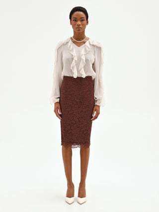 Gonna a tubino in pizzo cioccolato