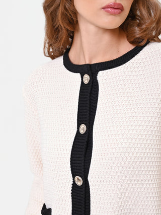Cardigan bianco panna con profili a contrasto