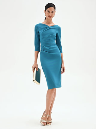 Elegant Knee Length Formal Dresses Two Tone V-Neck 3/4 Sleeves Ruffled Tea-Length Cocktail Elegant Knee Length Formal Dresses Two Tone V-Neck 3/4 Sleeves Ruffled Tea-Length Cocktail