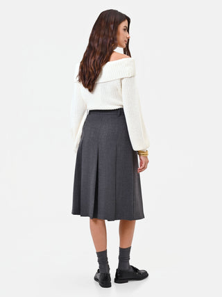 Dark Grey Viscose-Blend Midi Skirt with Box Pleats