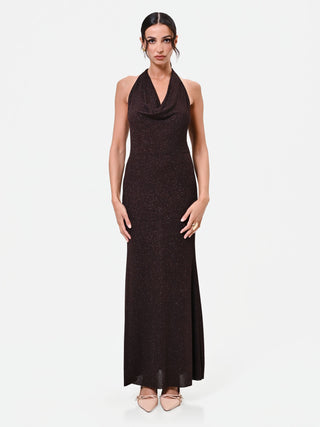 Robe longue brun foncé à décolleté drapé