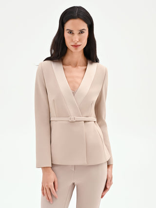 Taupe beige jacket with a belt and satin lapels