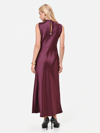 Long Burgundy Red Satin Dress with Draped Knot