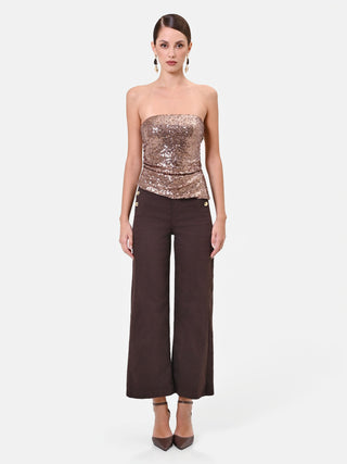 Top paillettes a fascia bronzo con drappeggio