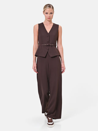 Brown cady jumpsuit with vest effect and belt