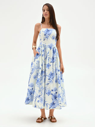 Abito midi azzurro con stampa floreale