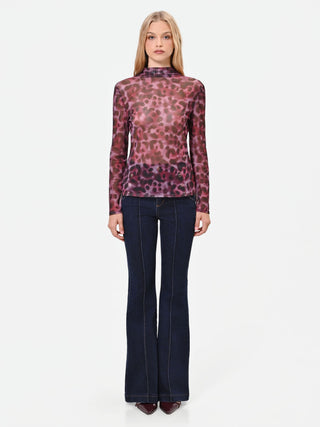 Fitted Burgundy Tulle Blouse with Animal Print