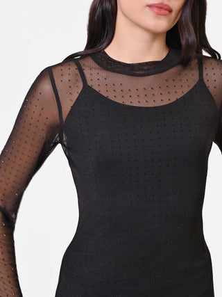 Black Layered Tulle T-Shirt with Rhinestones