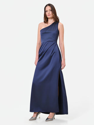 Robe longue drapée asymétrique bleu marine