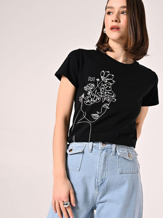 Black Cotton T-shirt with Pearls
