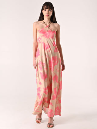 Abito con collo Gioiello Beige Scuro & Rosa Camelia