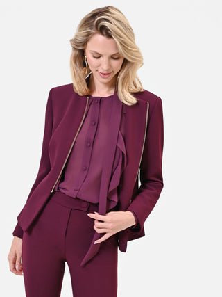 Bordeauxrote Jacke mit Schößchen und sichtbarem Reißverschluss