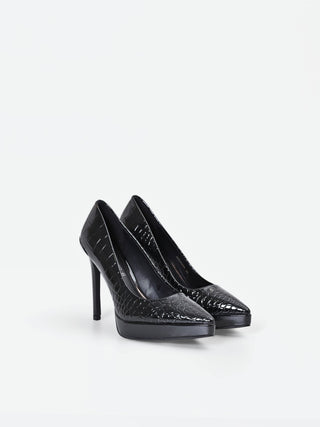 Black Croc-Embossed Platform Pumps