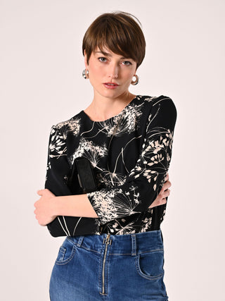 Floral print, black & white blouse