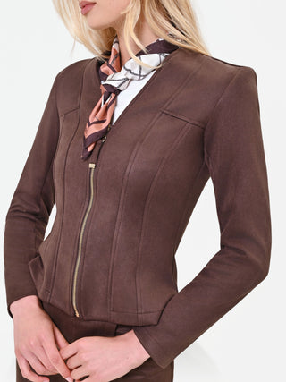Dunkelbraune Kunstlederjacke mit Schößchen