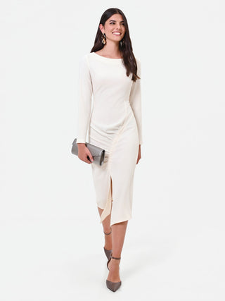 Robe midi blanche à drapé asymétrique