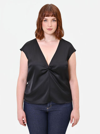 Top Curvy nero in raso con nodo centrale