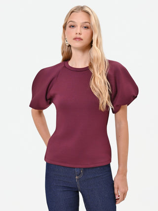 T-shirt bordeaux rosso con maniche a palloncino in tessuto strutturato