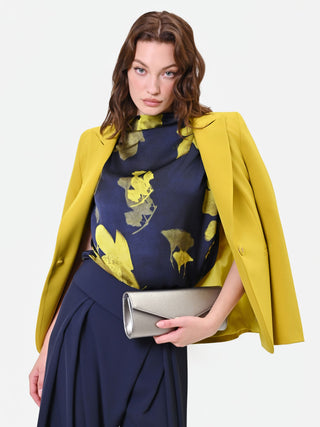 Navy Blue Floral Print Draped Top