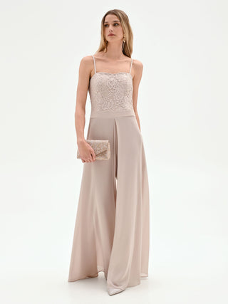 Combinaison palazzo beige taupe avec corsage en dentelle