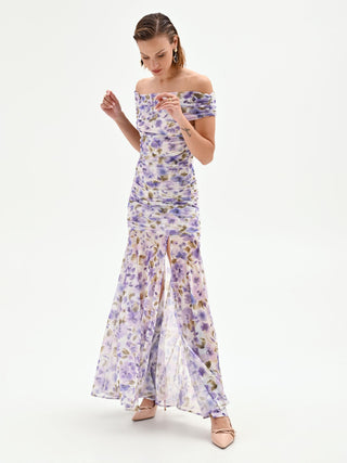 Langes Kleid mit Blumenprint in Violett und Flieder