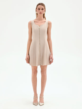 Abito corto tortora beige con zip frontale