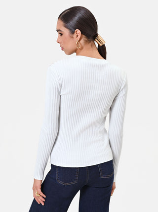 Off-White Ribbed Viscose Top with Sheer Details