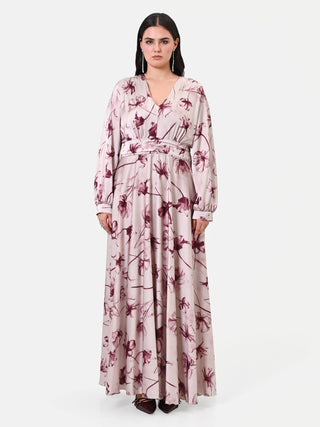 Abito Curvy  lungo bordeaux con stampa floreale