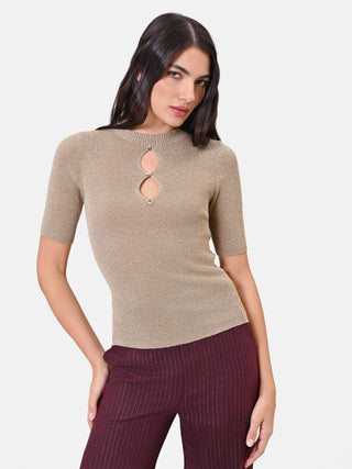 Gold Viscose Top with Cut-Out and Jewel Buttons