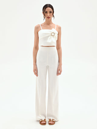 Crease-Front White Palazzo Trousers