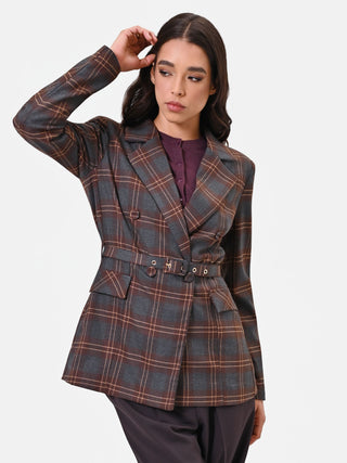 Brown Check Double-Breasted Jacket with Belt