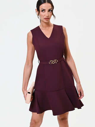 Burgundy Belted Flounce-Hem Dress