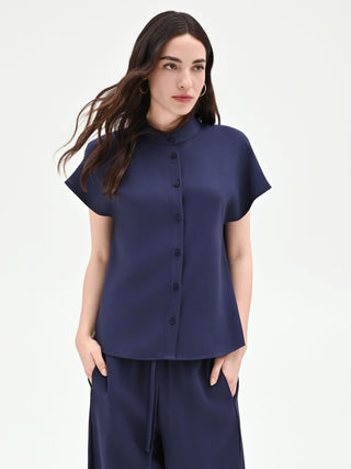 Blusa azul marino con cuello mao