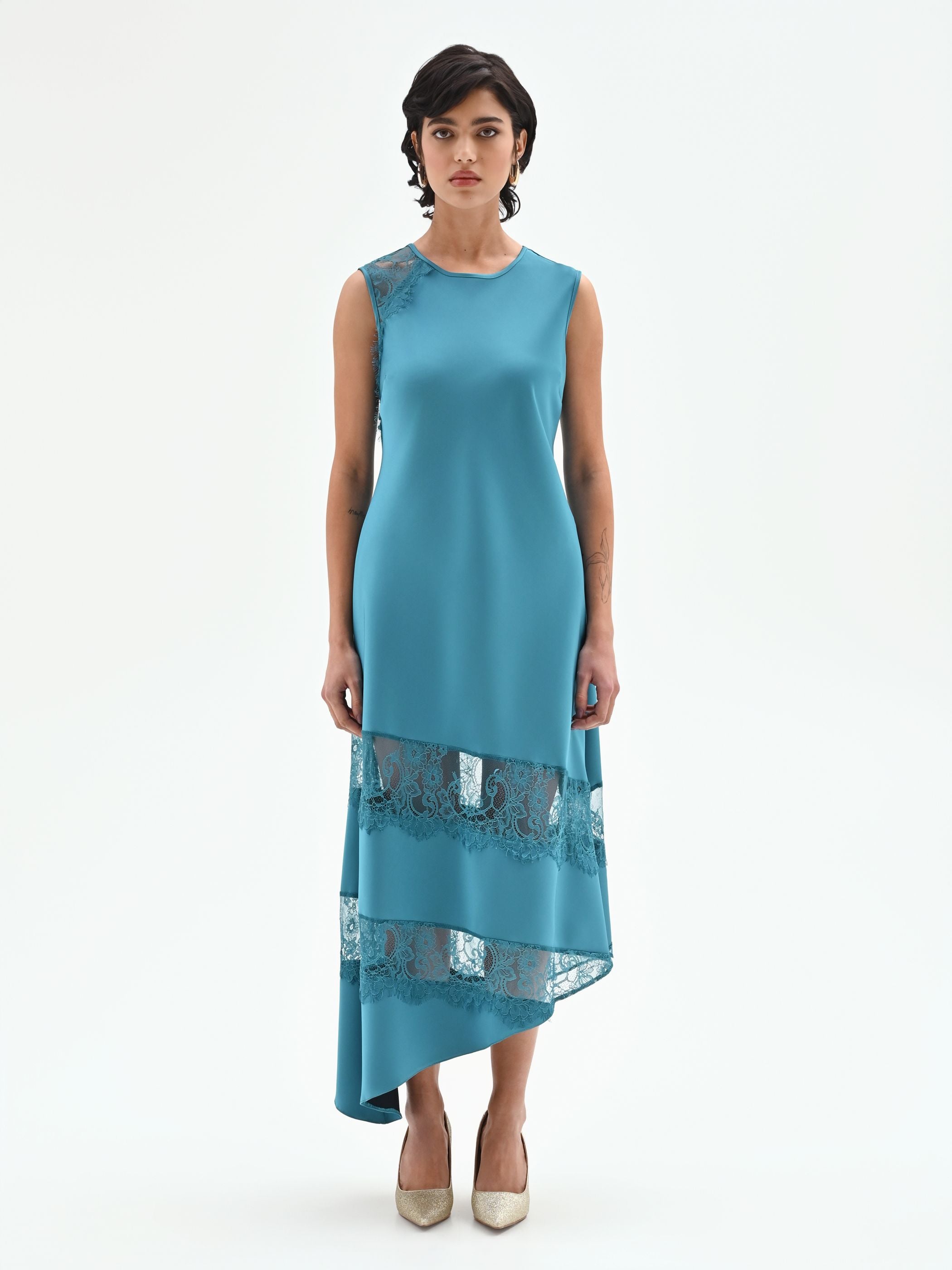 Teal Midi Dress with Lace Inserts – Rinascimento