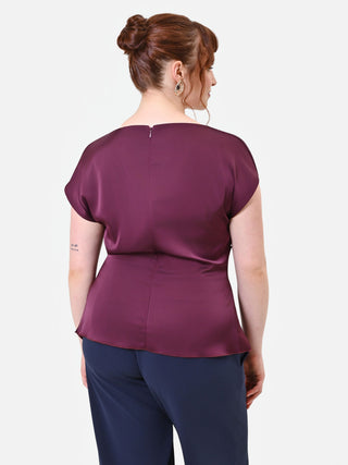 Burgundy Satin Curvy Blouse with Asymmetric Drape